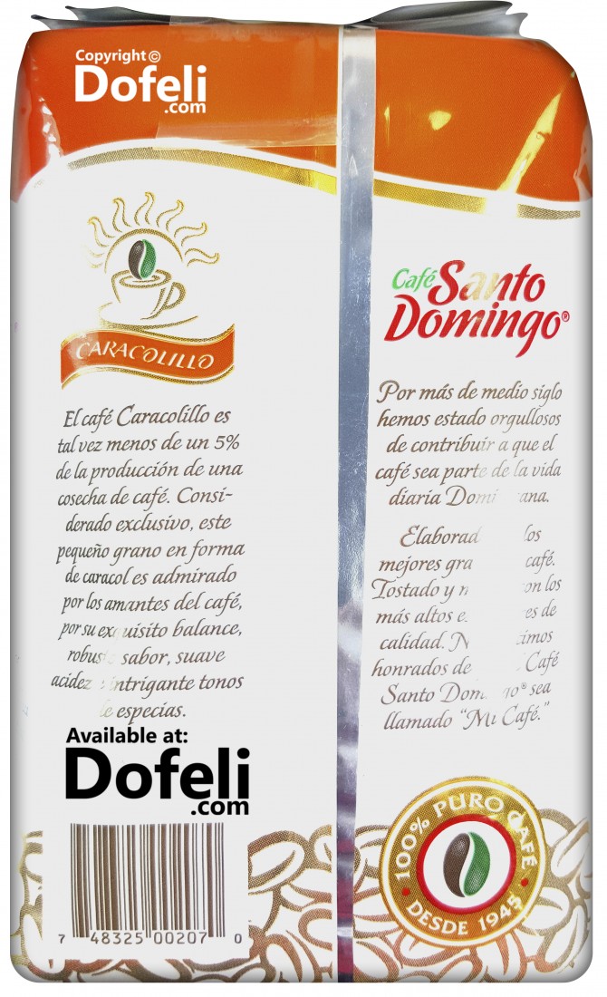 Dominican Republic Santo Domingo peaberry ground coffee with soft acidity and balanced spices, dark roasted for rich aroma.